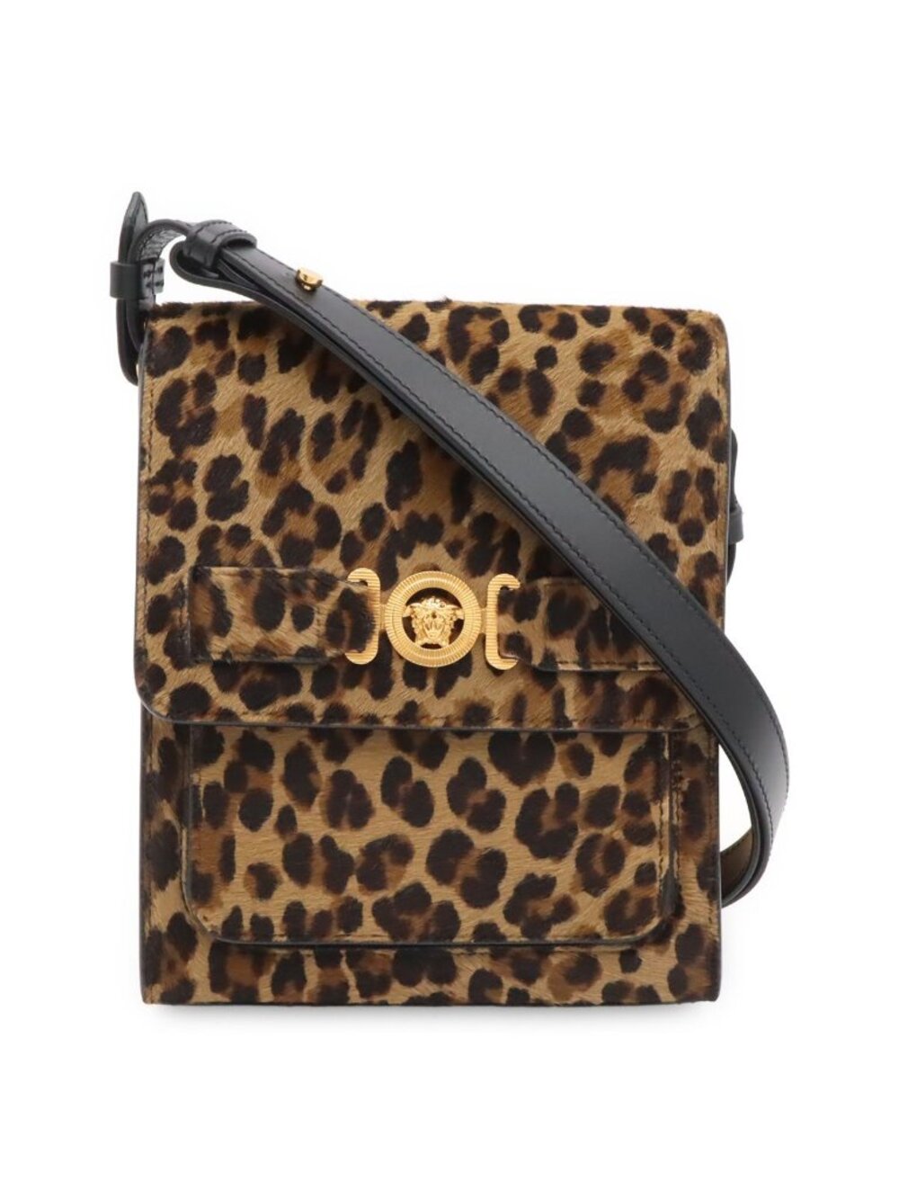 Versace Medusa Leopard Print Shoulder Bag 2-Way Calf Hair Beige Black